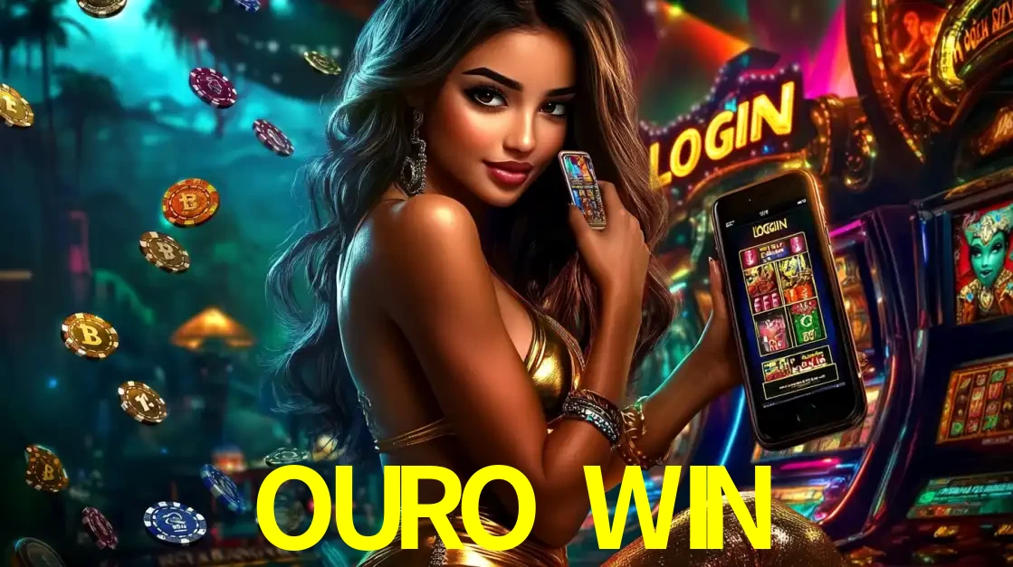 Mulher em um cenário de cassino temático de aventura, mostrando o app de caça-níqueis da OURO WIN no celular. Fichas de apostas flutuam ao redor.