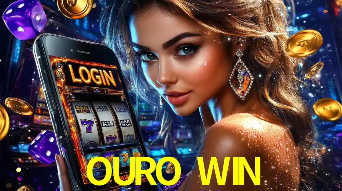 Mulher glamorosa segurando um smartphone com a tela de login para os jogos de caça-níqueis do cassino online OURO WIN, com moedas de ouro e dados ao redor.