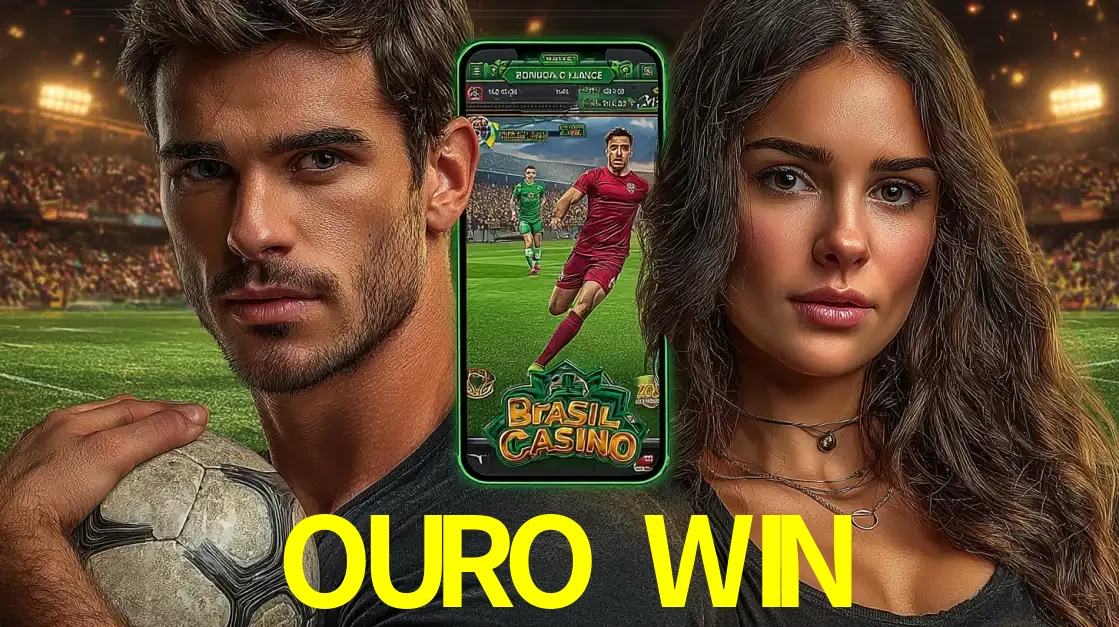 Homem segurando uma bola de futebol e uma mulher ao lado de um smartphone exibindo o jogo de apostas esportivas da OURO WIN. Faça seu palpite no cassino online.